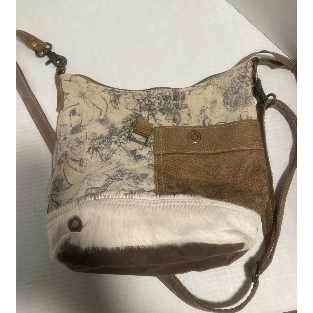 Myra Bag Buttercup Upcycled Canvas & Cowhide Shoulder Bag Western Stain Inside